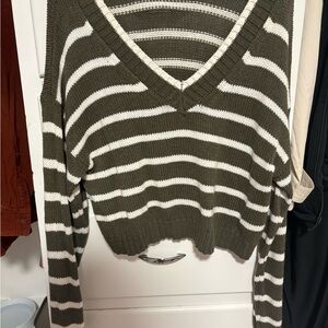 American Eagle Outfitters Olive and White V-Neck Sweater